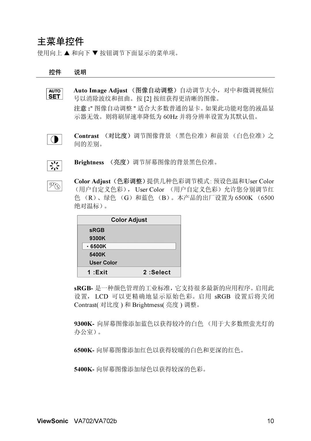 ViewSonic VA702-1 manual 主菜单控件, 控件 说明 