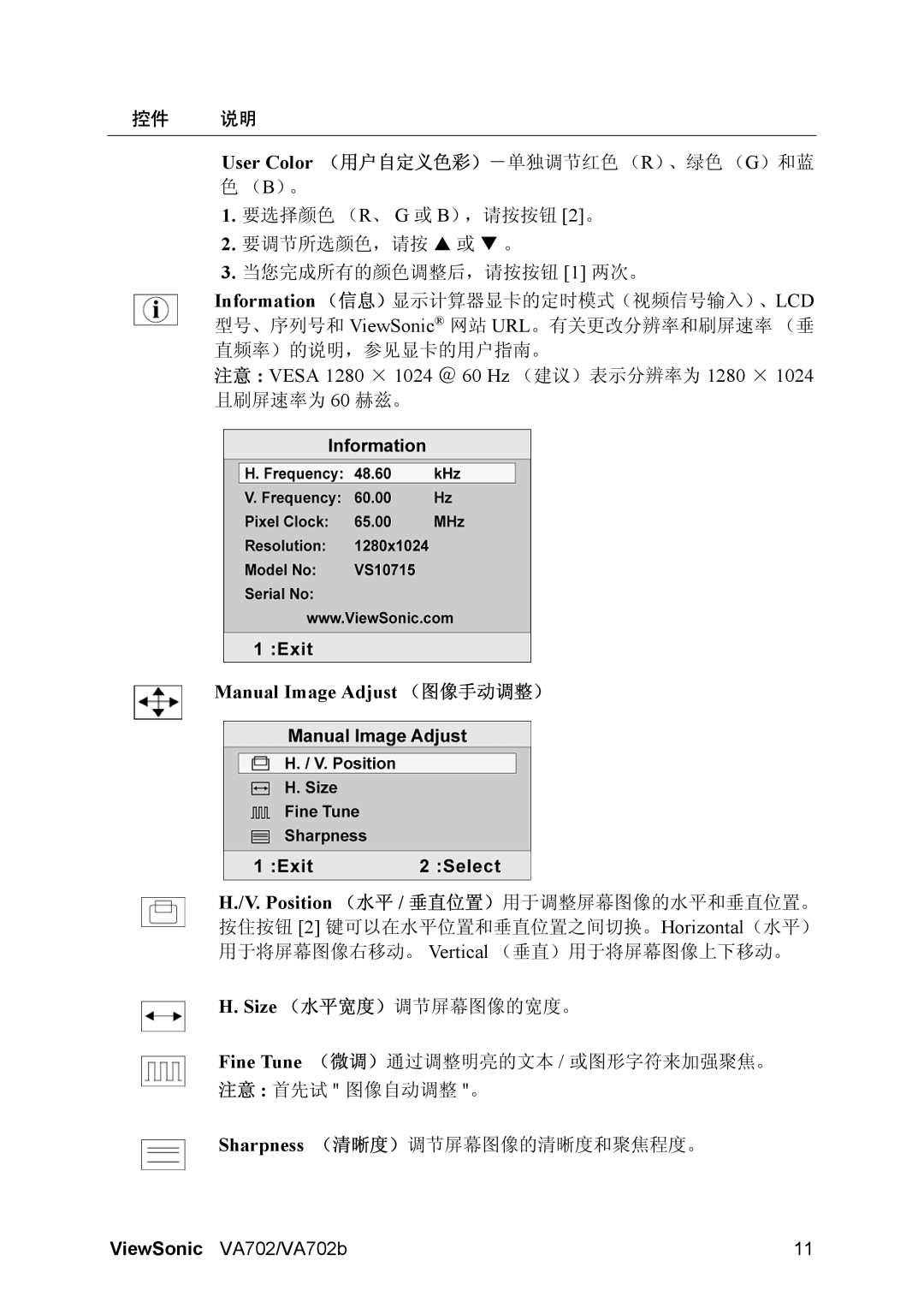 ViewSonic VA702-1 manual Manual Image Adjust （图像手动调整） 