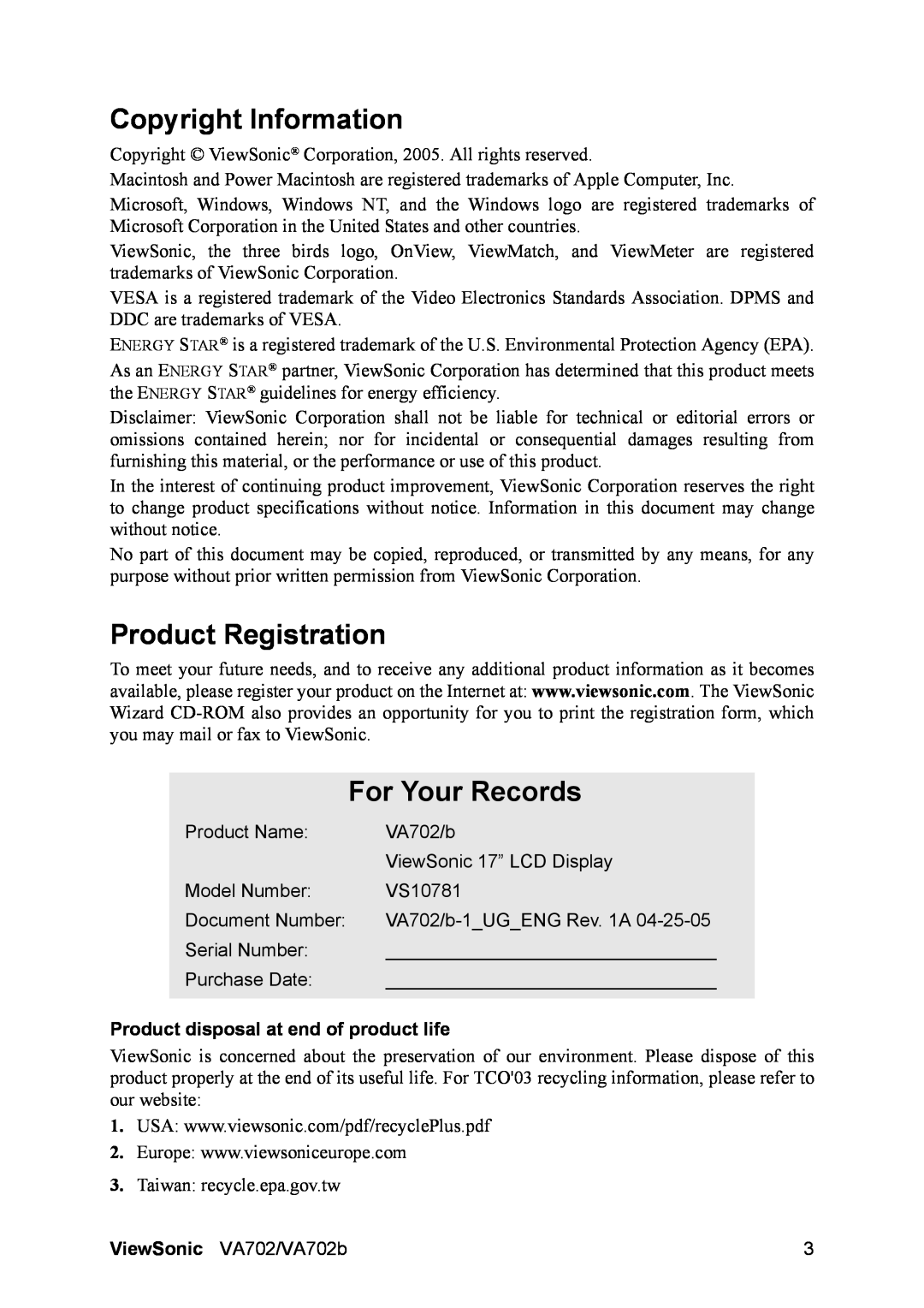 ViewSonic VA702 Copyright Information, Product Registration, For Your Records, Product disposal at end of product life 