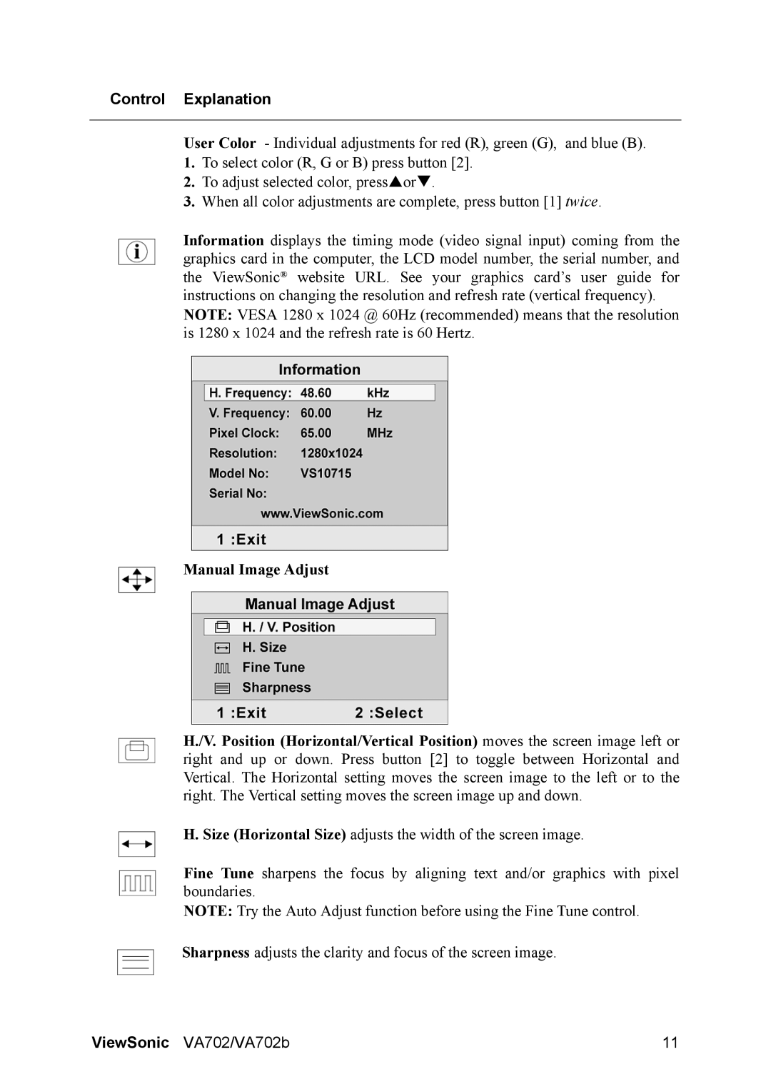 ViewSonic VA702 manual Control Explanation 