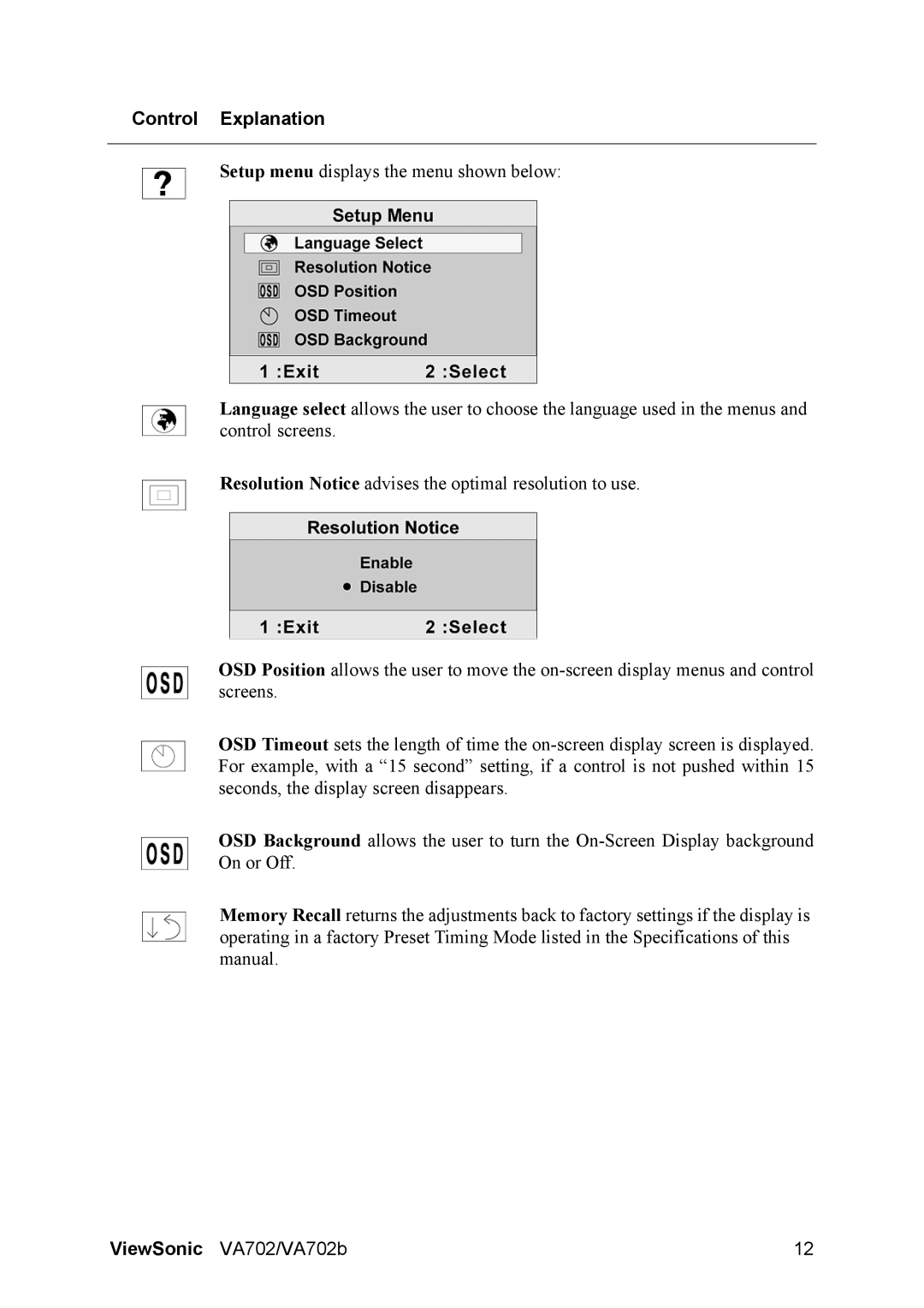 ViewSonic VA702 manual Control Explanation 