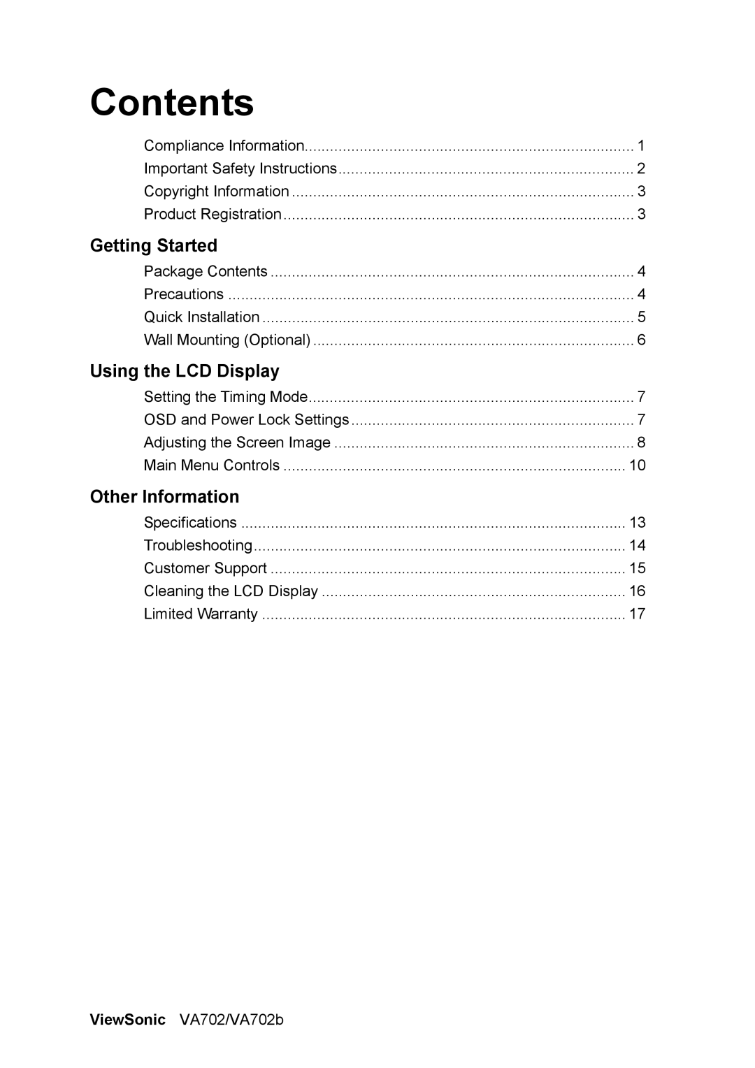 ViewSonic VA702 manual Contents 