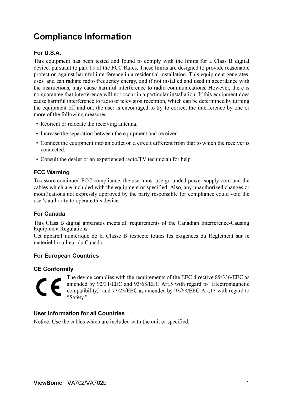 ViewSonic VA702 manual Compliance Information 