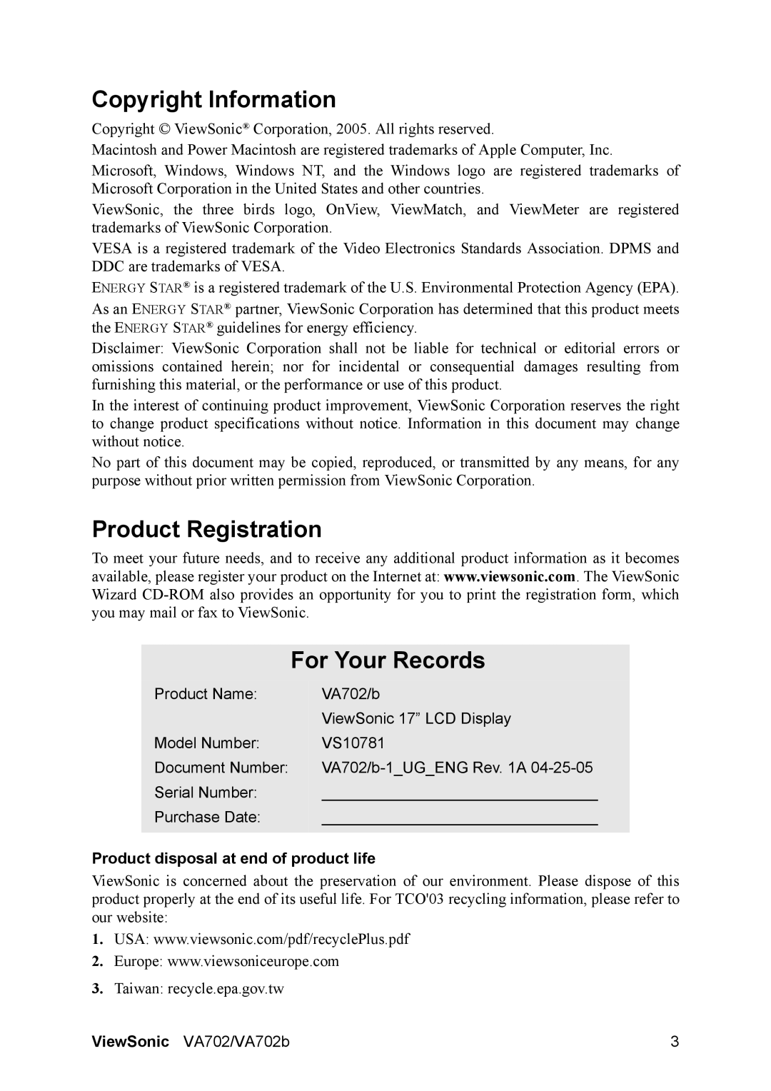 ViewSonic VA702 Copyright Information, Product Registration For Your Records, Product disposal at end of product life 