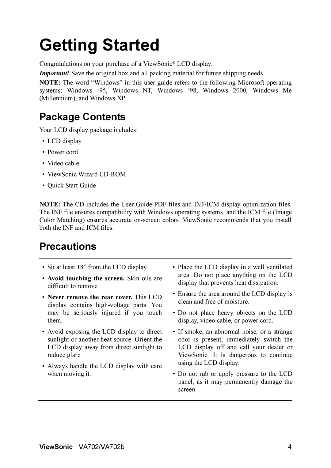 ViewSonic VA702 manual Getting Started, Package Contents, Precautions 