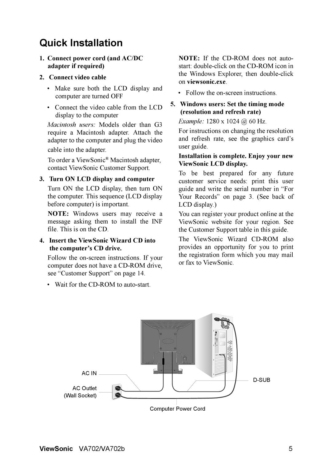 ViewSonic VA702 manual Quick Installation, Turn on LCD display and computer 