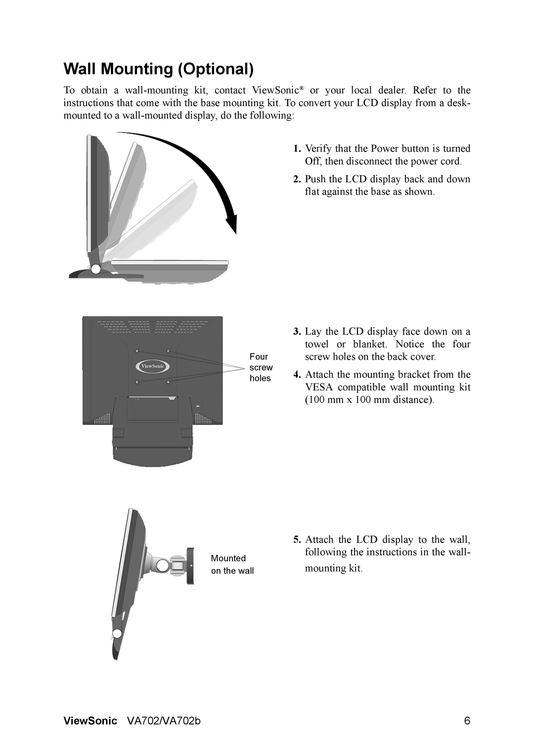 ViewSonic VA702 manual Wall Mounting Optional 