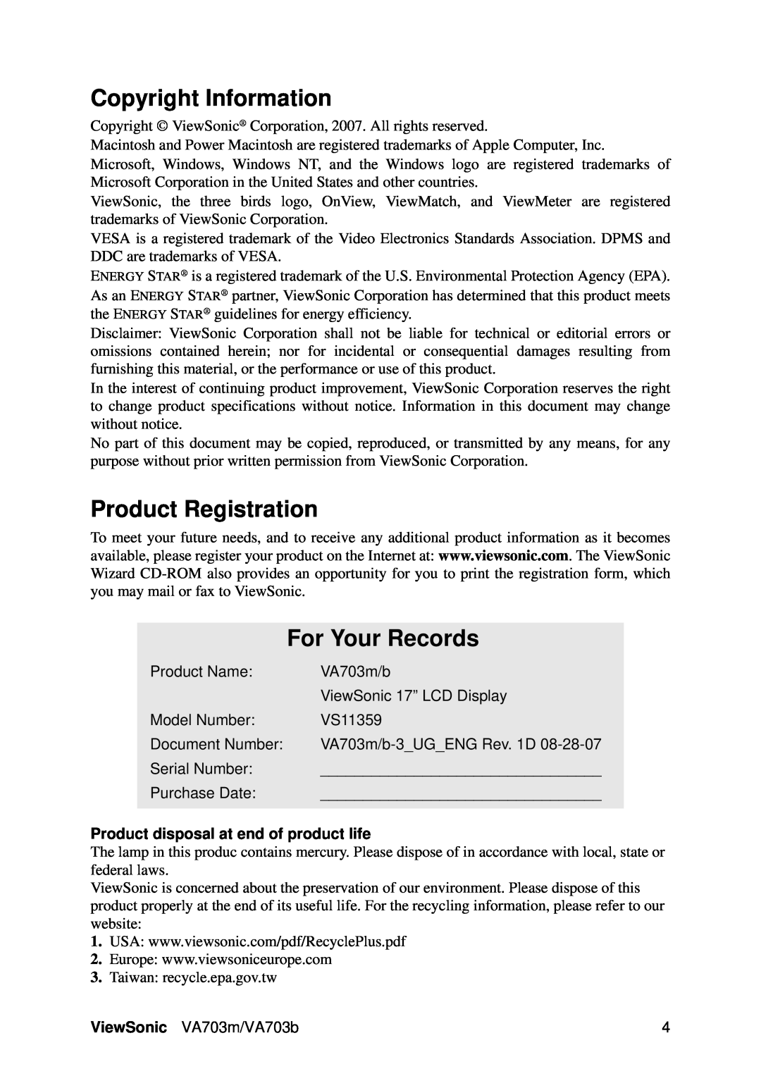 ViewSonic VA703M Copyright Information, Product Registration, For Your Records, Product disposal at end of product life 