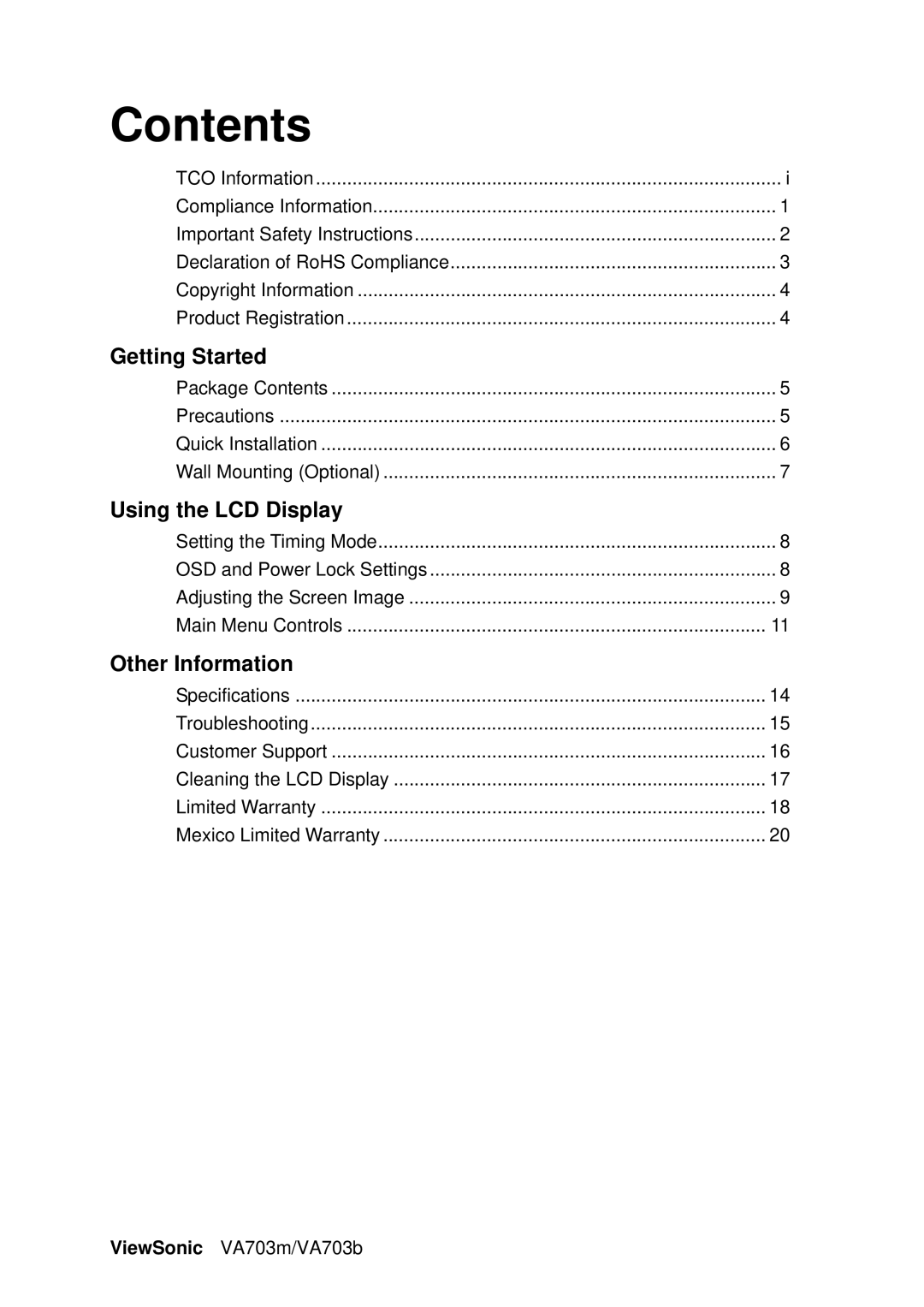 ViewSonic VA703B, VA703M warranty Contents 