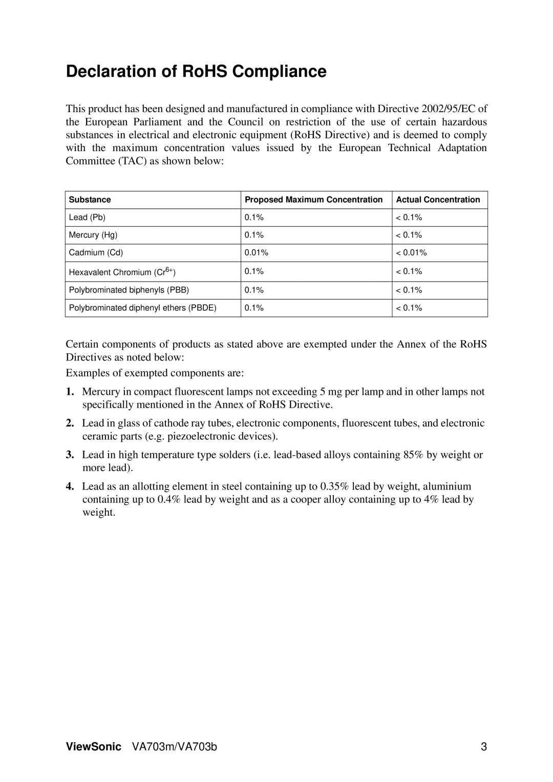 ViewSonic VA703B, VA703M warranty Declaration of RoHS Compliance 