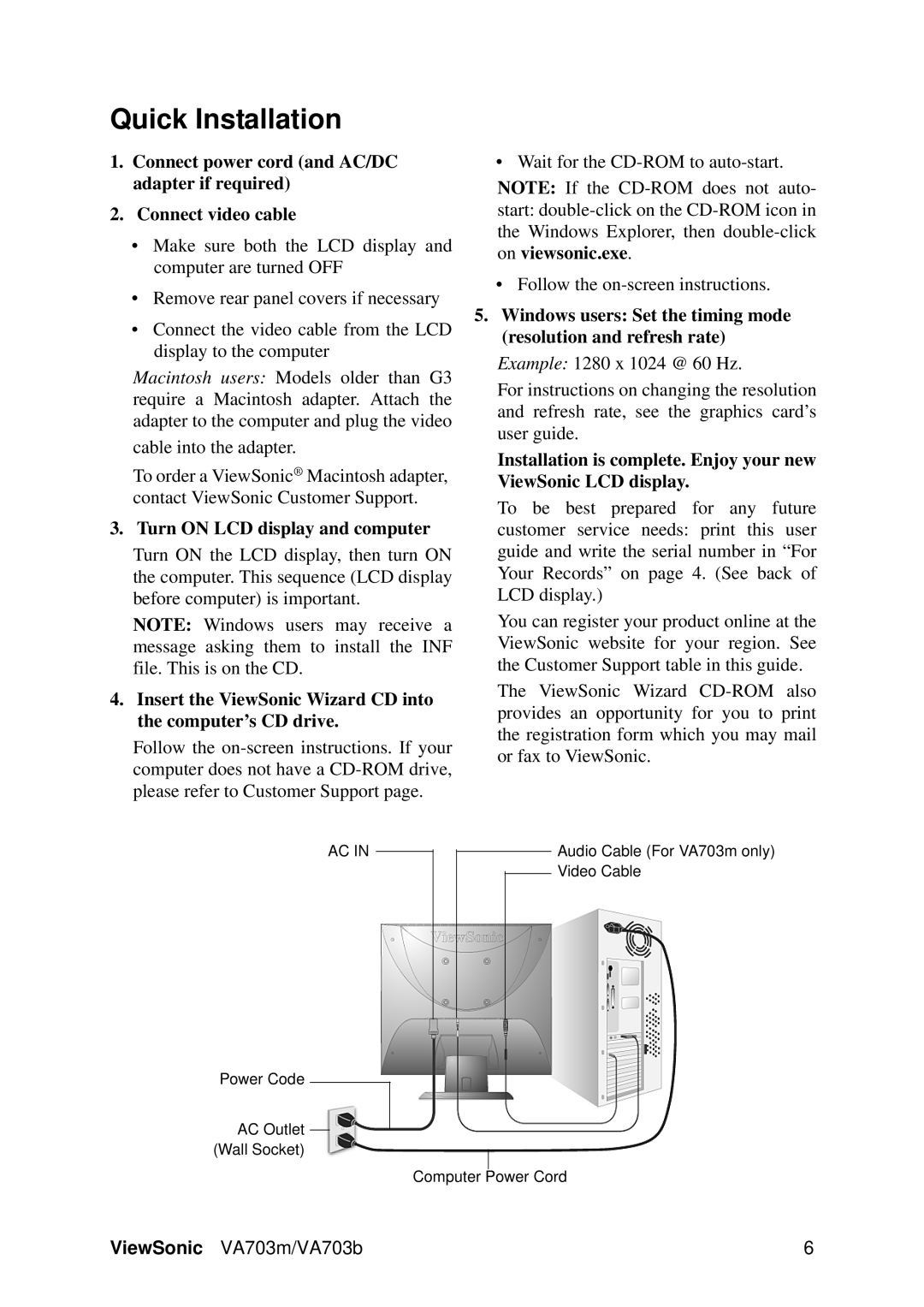 ViewSonic VA703M, VA703B warranty Quick Installation, Turn on LCD display and computer 