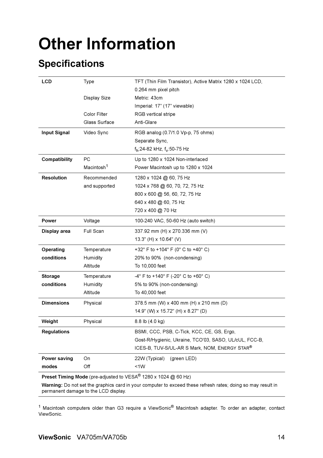 ViewSonic VS11359, VA705B, VA705M warranty Other Information, Specifications 