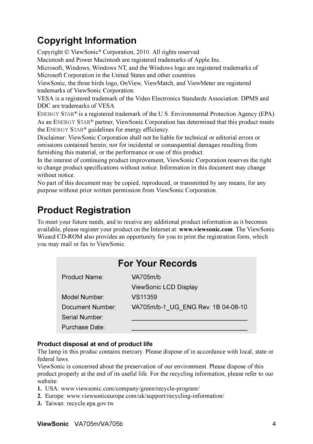 ViewSonic VA705M Copyright Information, Product Registration For Your Records, Product disposal at end of product life 