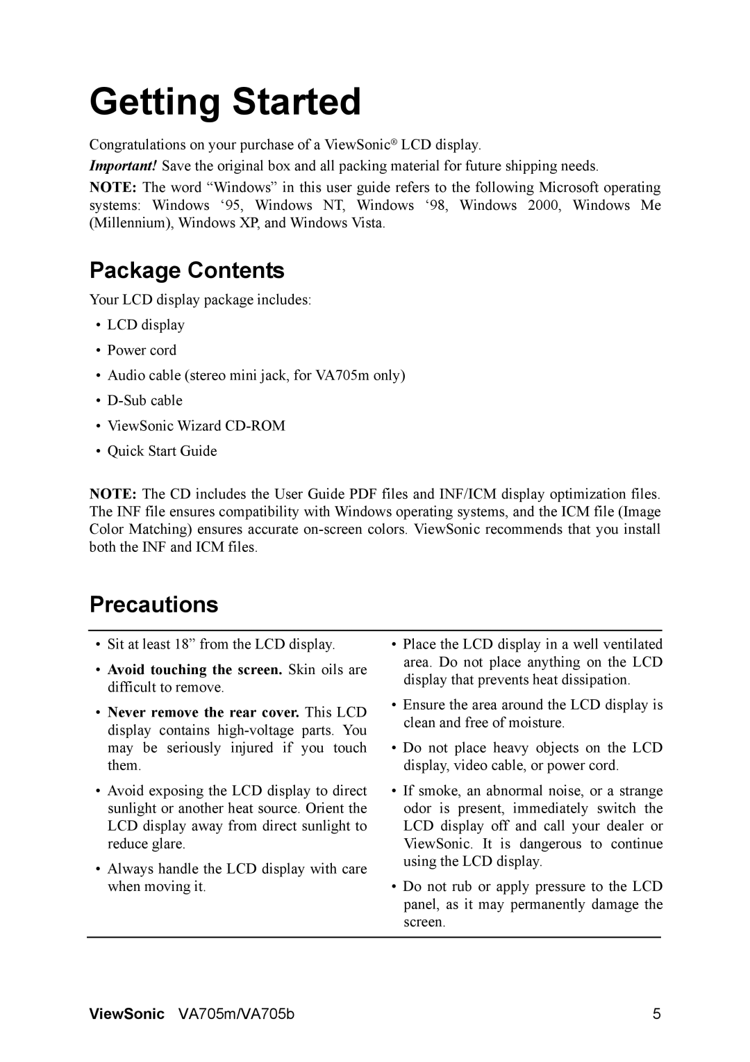 ViewSonic VS11359, VA705B, VA705M warranty Package Contents, Precautions 