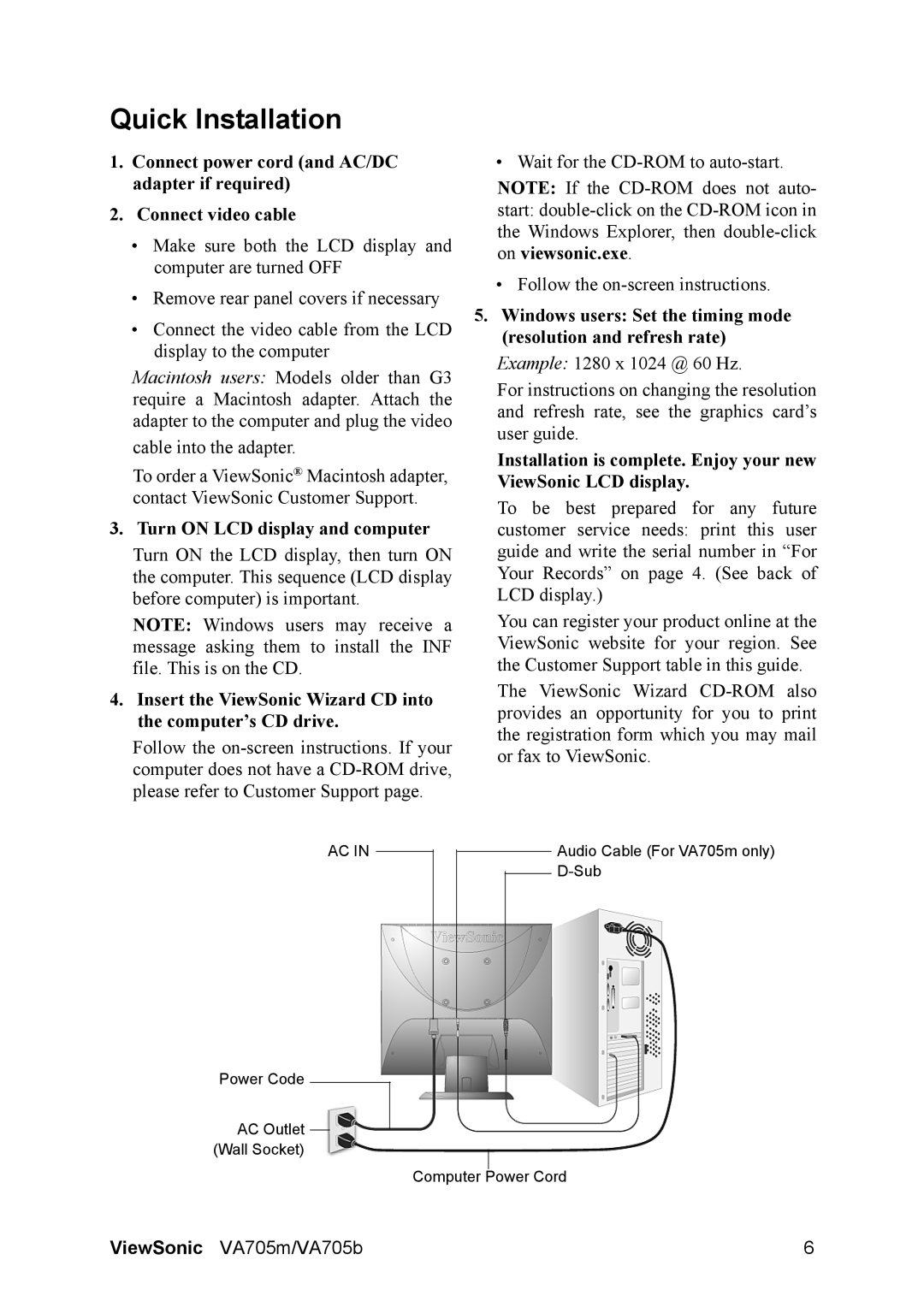 ViewSonic VA705B, VA705M, VS11359 warranty Quick Installation, Turn on LCD display and computer 