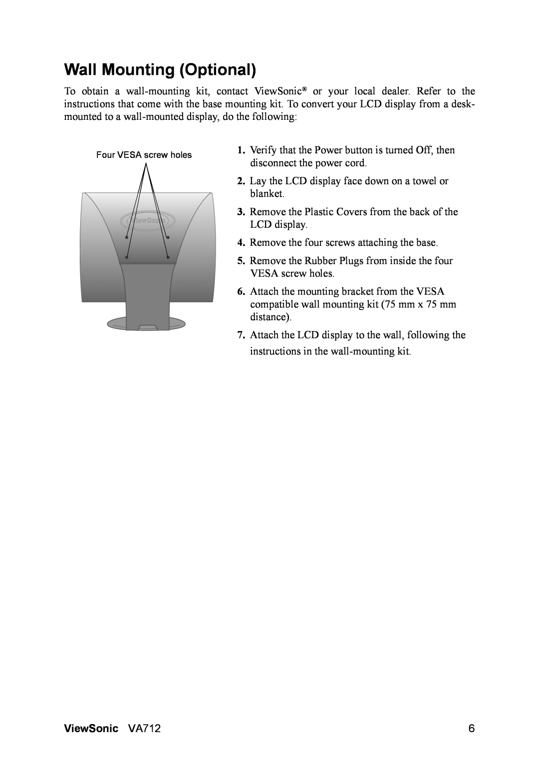 ViewSonic manual Wall Mounting Optional, ViewSonic VA712 