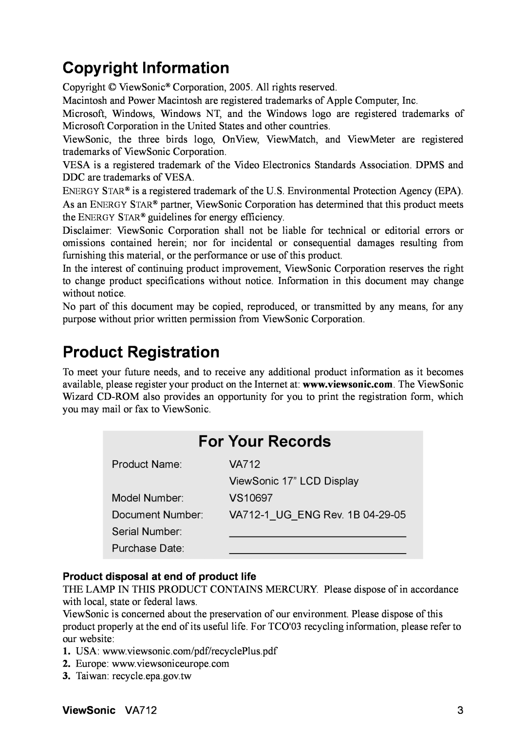 ViewSonic VA712 Copyright Information, Product Registration, For Your Records, Product disposal at end of product life 