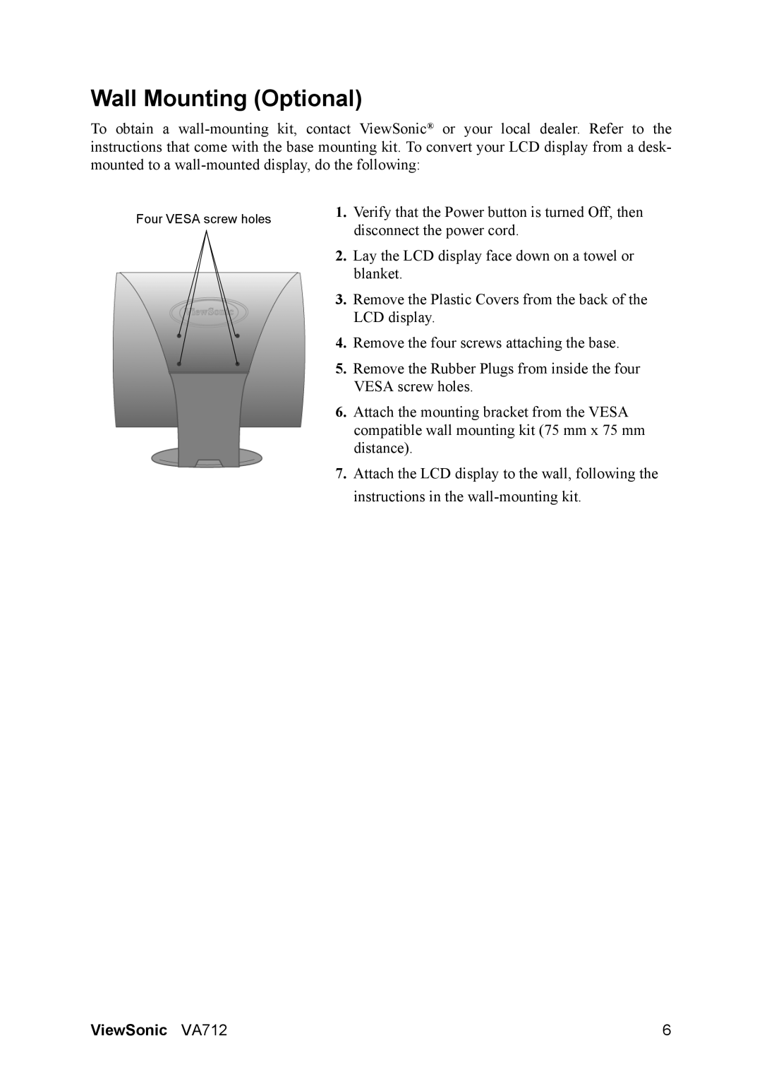 ViewSonic VA712 manual Wall Mounting Optional 