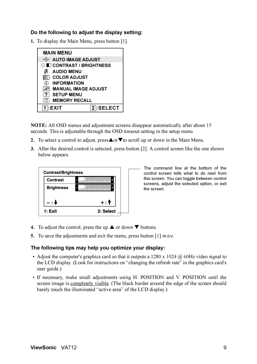 ViewSonic VA712 manual Do the following to adjust the display setting, Following tips may help you optimize your display 