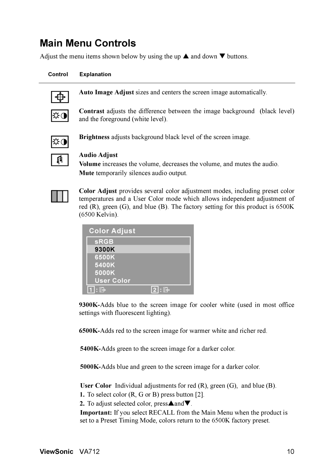 ViewSonic VA712 manual Main Menu Controls, Audio Adjust 