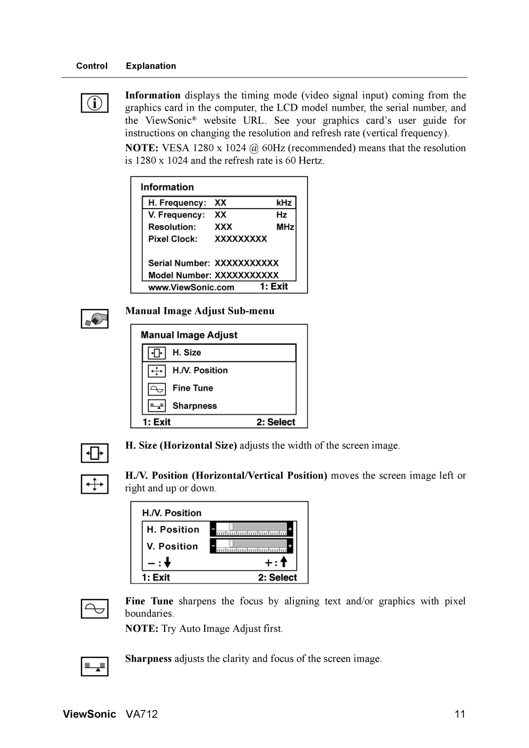 ViewSonic VA712 manual Manual Image Adjust Sub-menu 