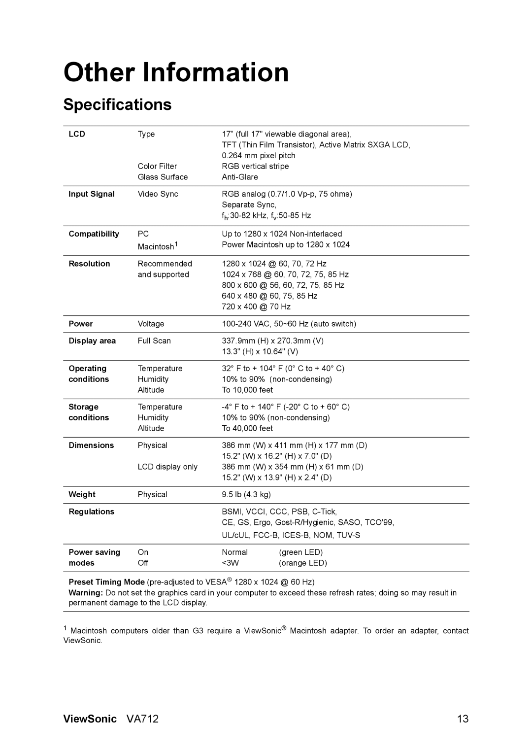 ViewSonic VA712 manual Other Information, Specifications 