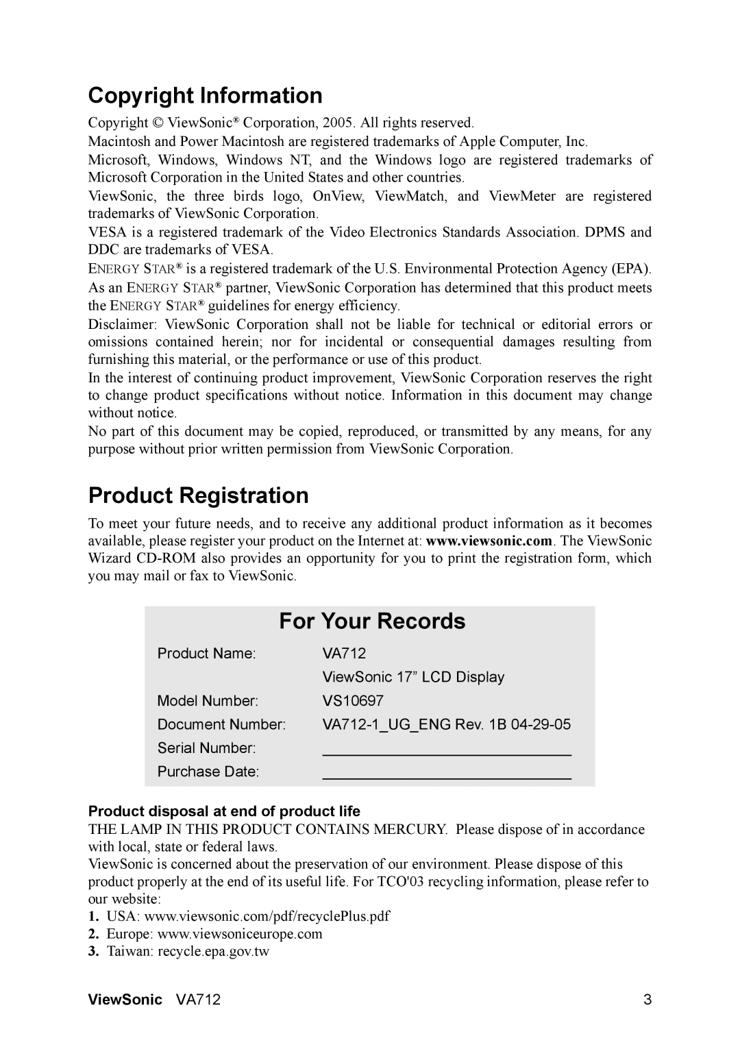 ViewSonic VA712 Copyright Information, Product Registration For Your Records, Product disposal at end of product life 