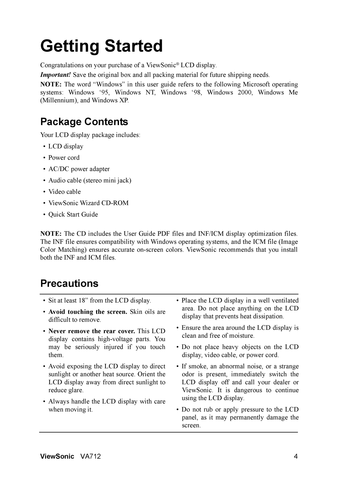 ViewSonic VA712 manual Getting Started, Package Contents, Precautions 