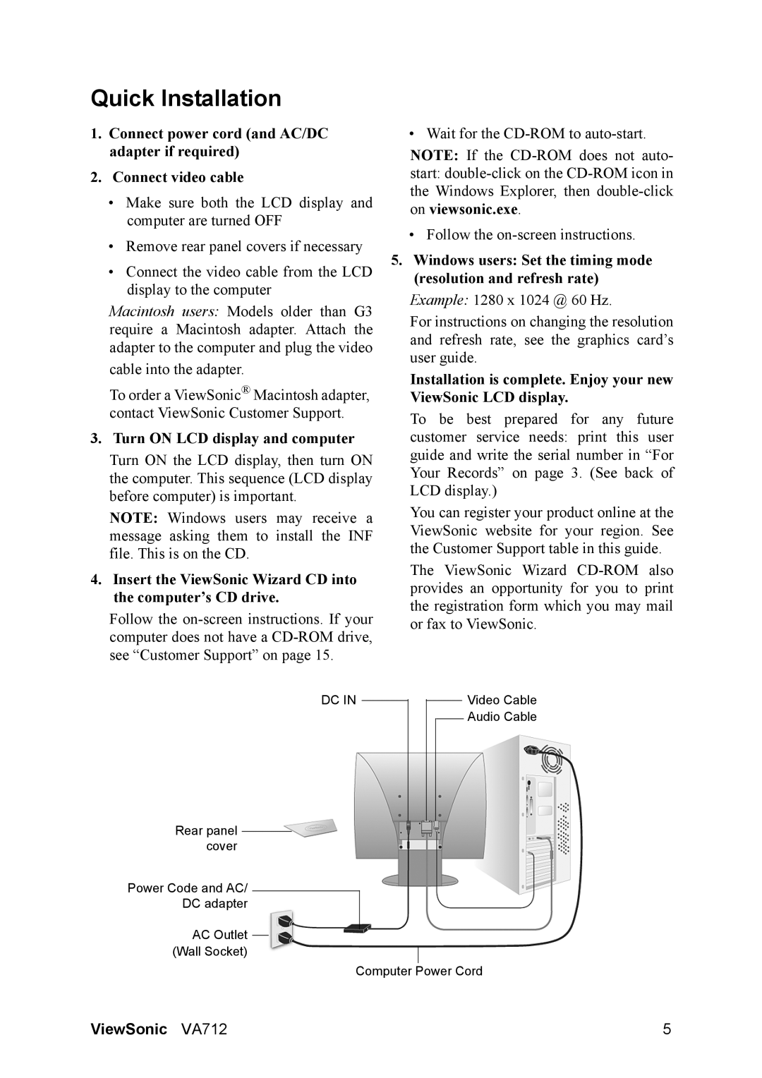 ViewSonic VA712 manual Quick Installation, Turn on LCD display and computer 