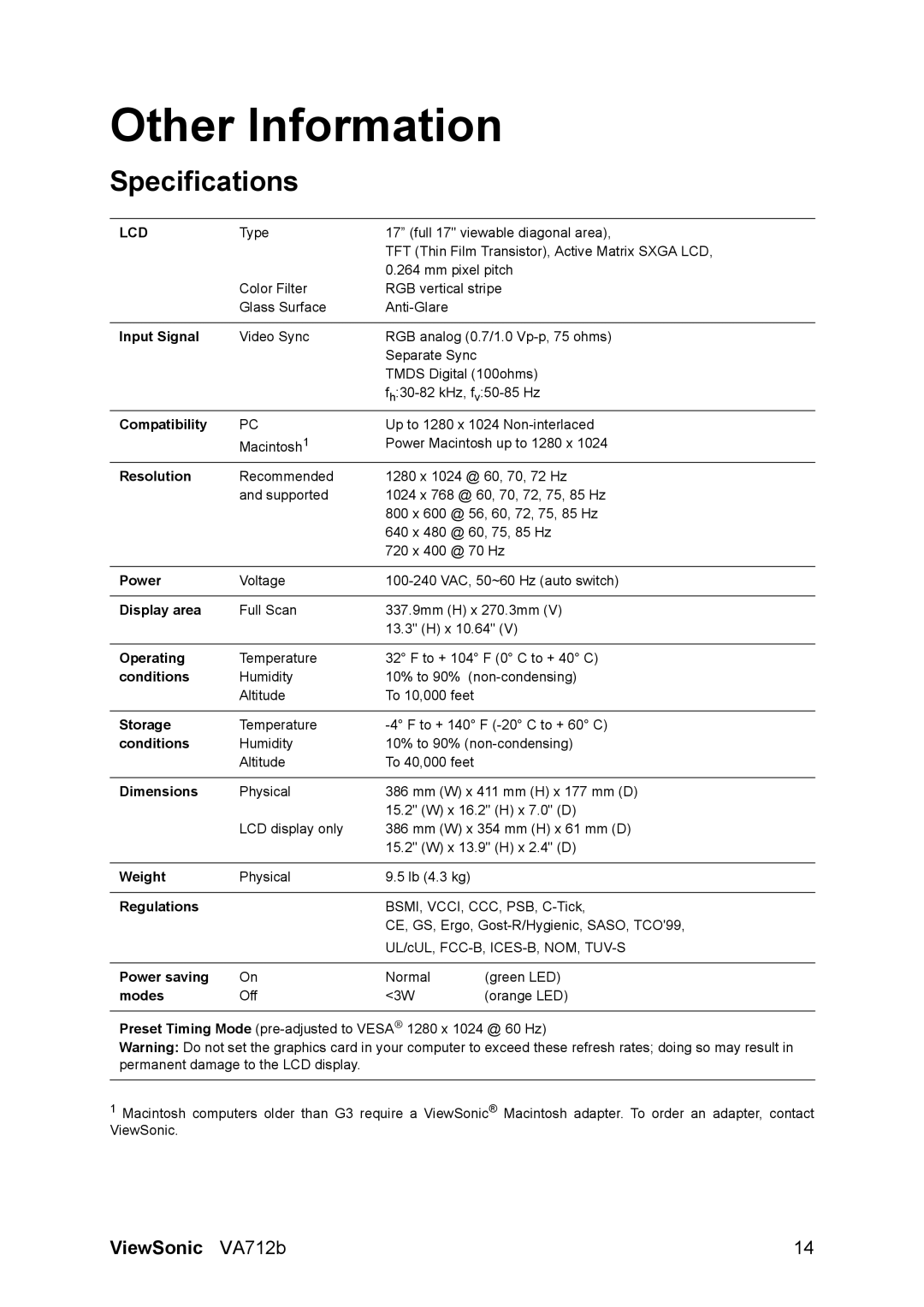 ViewSonic VA712B manual Other Information, Specifications 