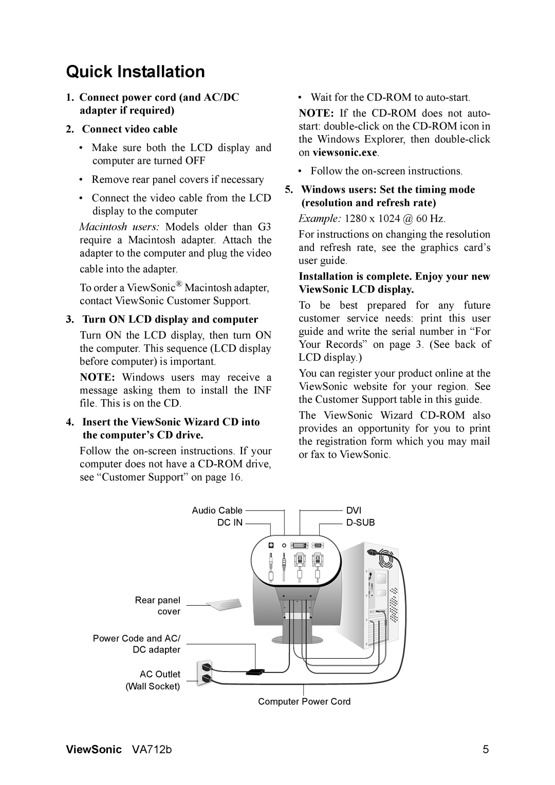 ViewSonic VA712B manual Quick Installation, Turn on LCD display and computer 