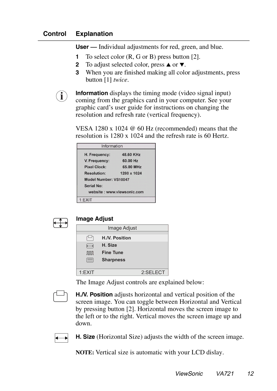 ViewSonic VA721 manual Image Adjust 