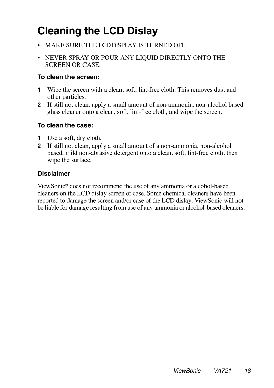 ViewSonic VA721 manual Cleaning the LCD Dislay, To clean the screen, To clean the case, Disclaimer 
