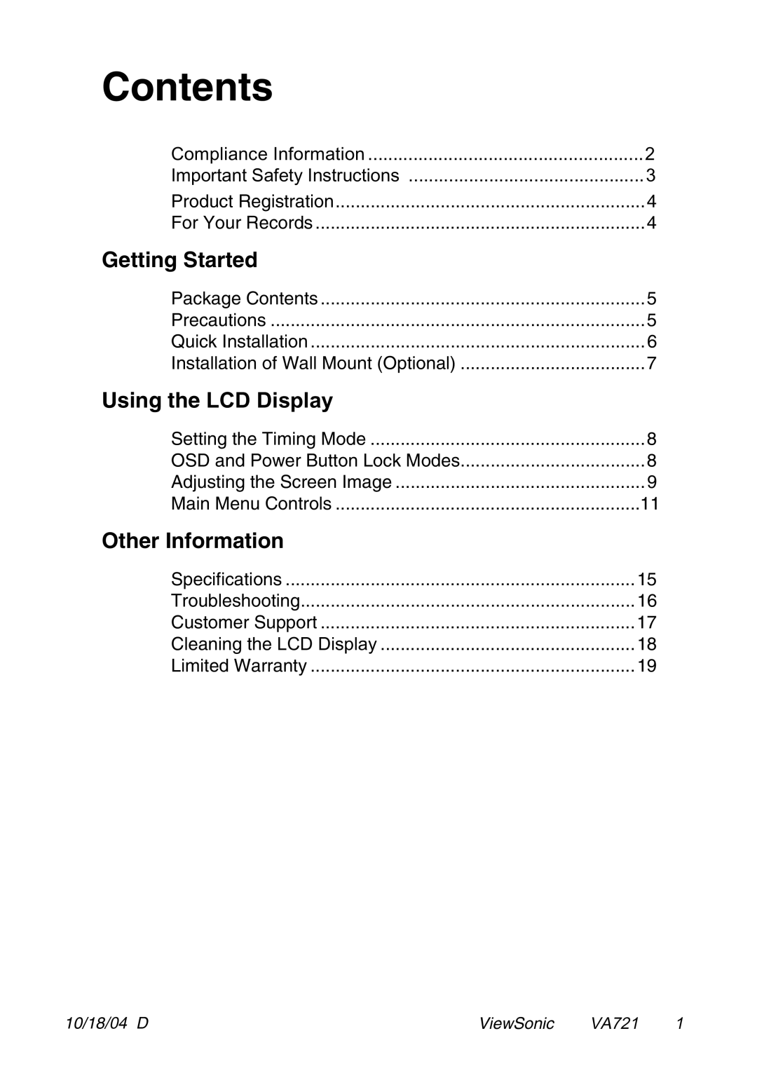 ViewSonic VA721 manual Contents 