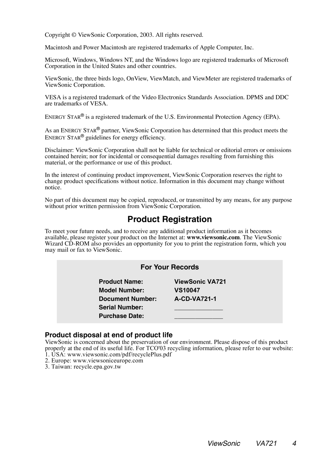 ViewSonic VA721 manual Product Registration 