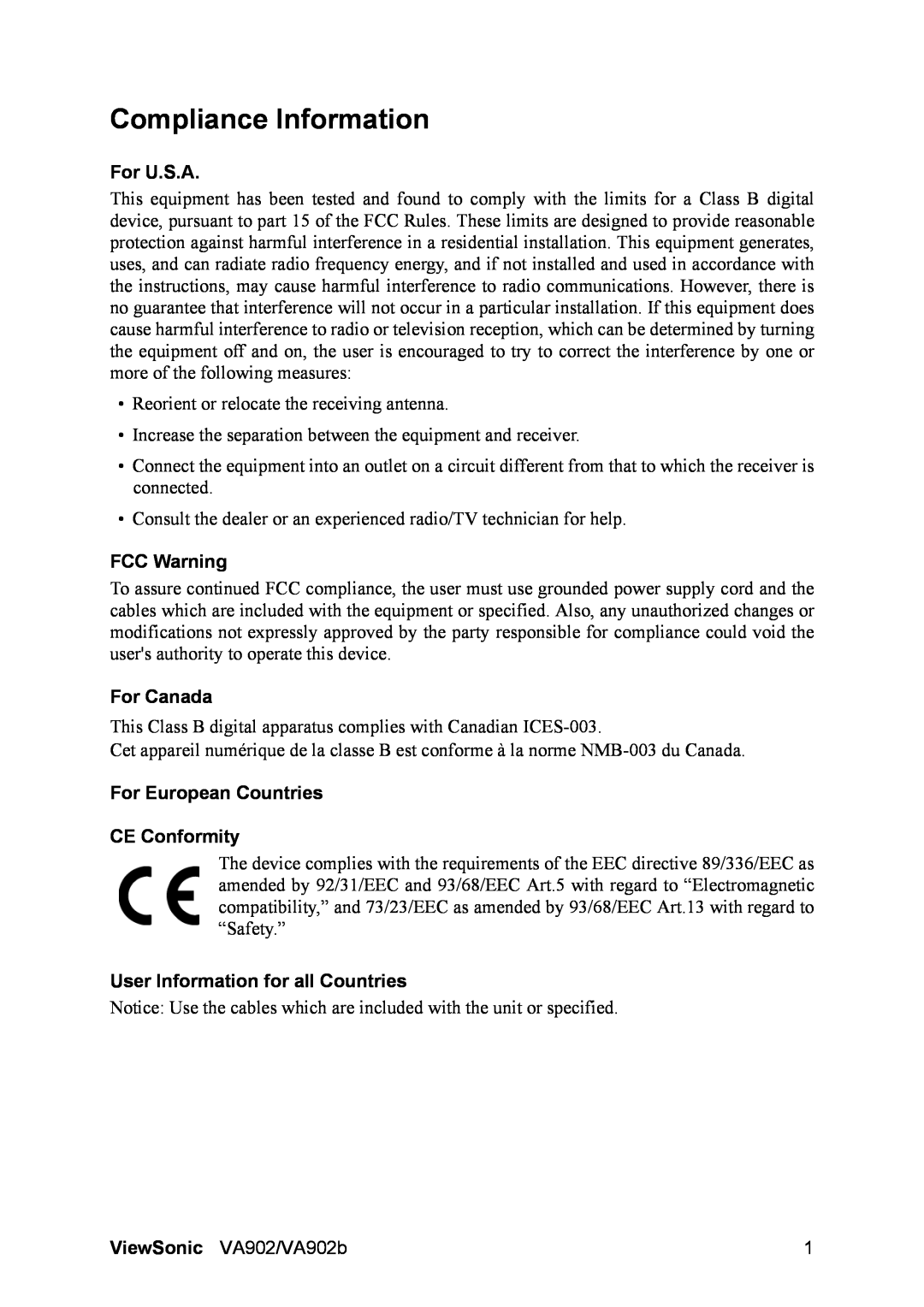ViewSonic VA902 manual Compliance Information, For U.S.A, FCC Warning, For Canada, For European Countries CE Conformity 
