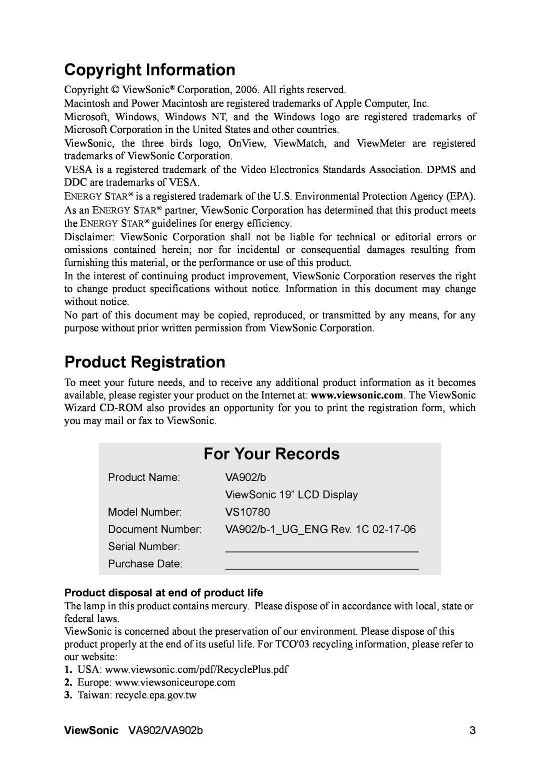 ViewSonic VA902 Copyright Information, Product Registration, For Your Records, Product disposal at end of product life 