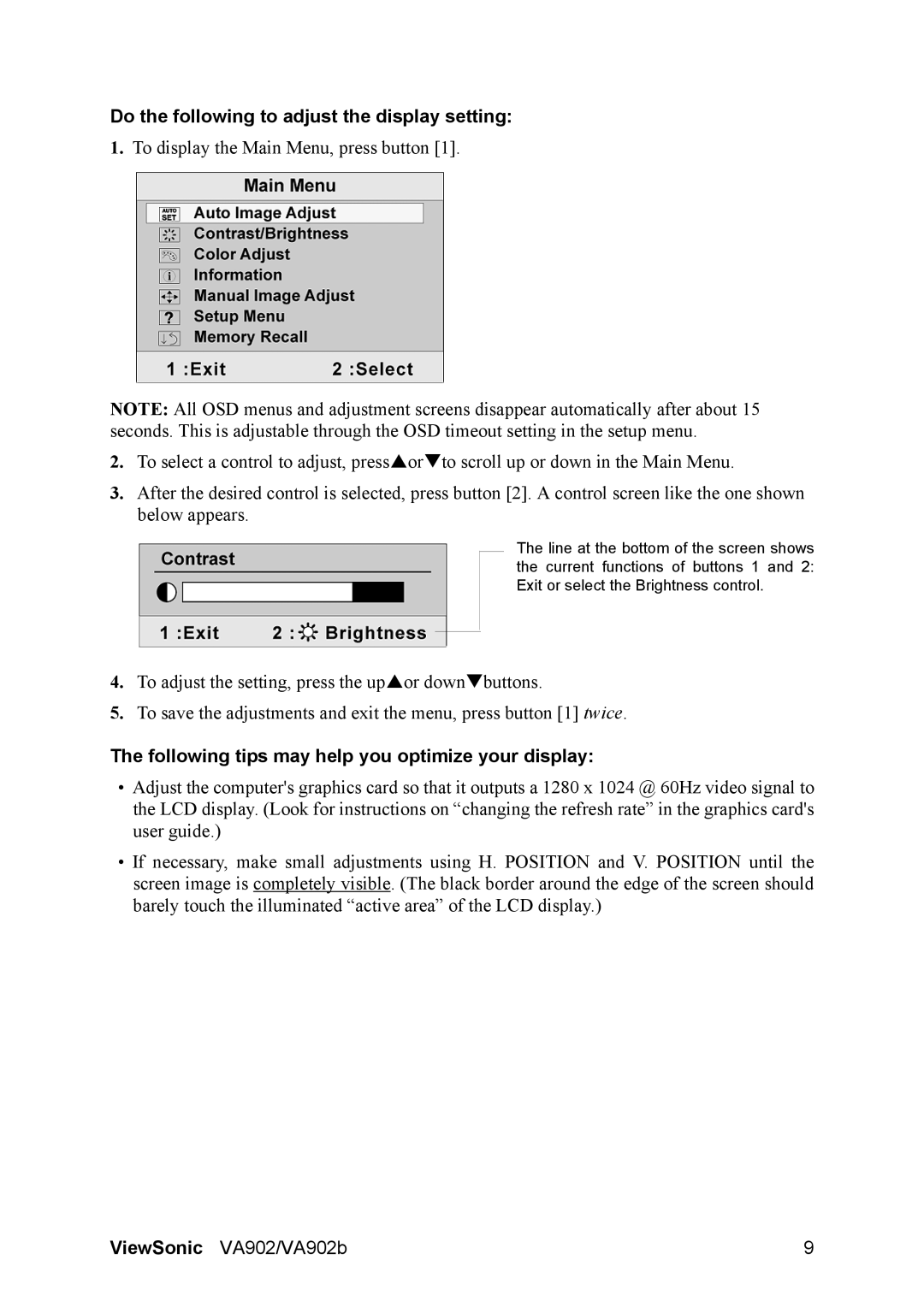 ViewSonic VA902 manual Do the following to adjust the display setting, Following tips may help you optimize your display 