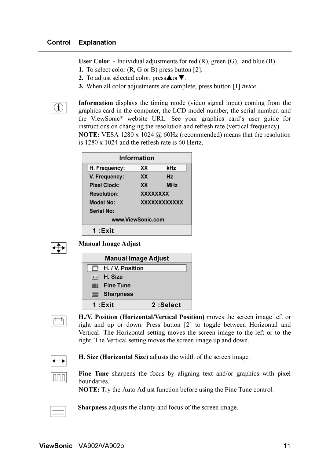 ViewSonic VA902 manual Control Explanation 