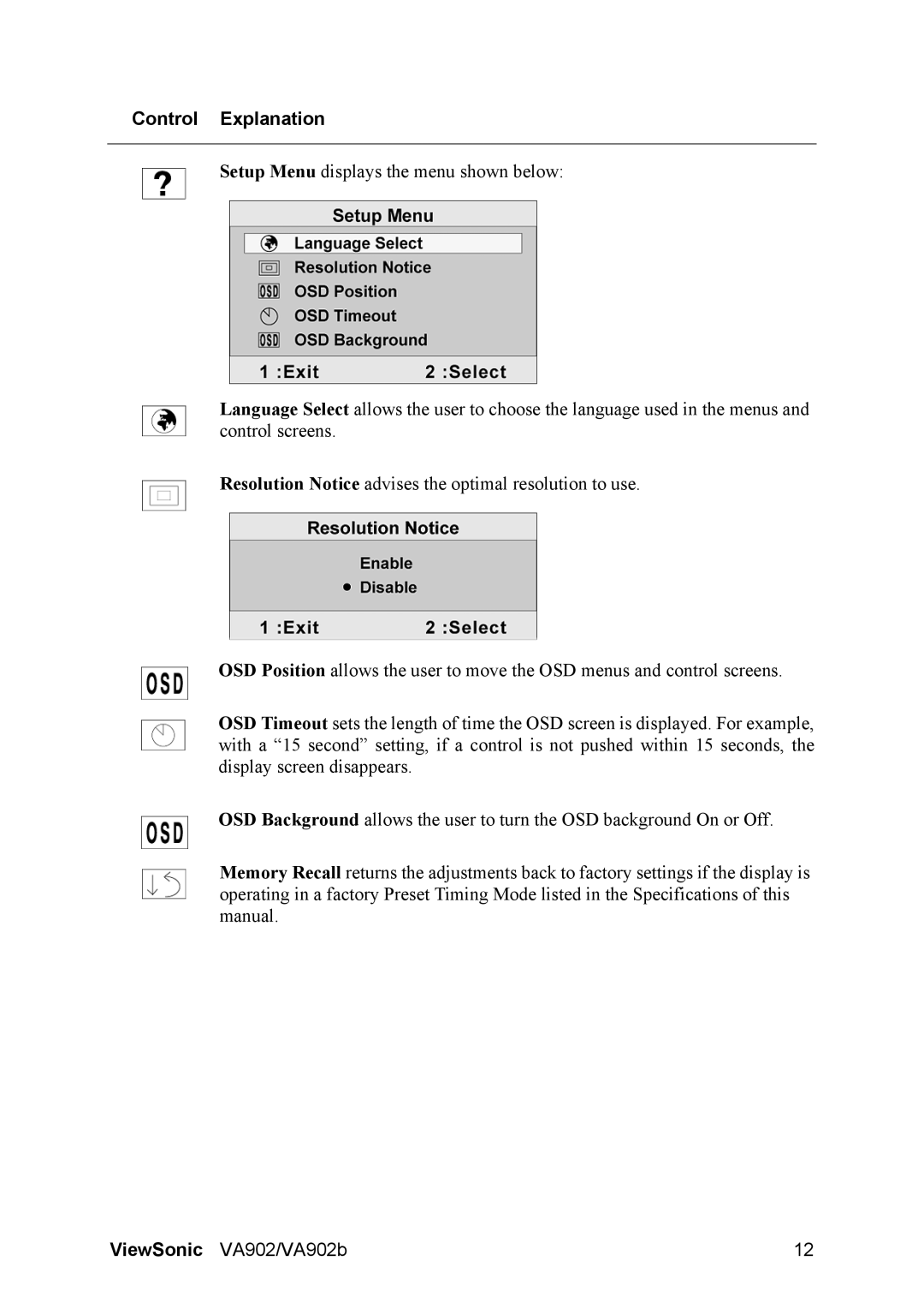 ViewSonic VA902 manual Control Explanation 