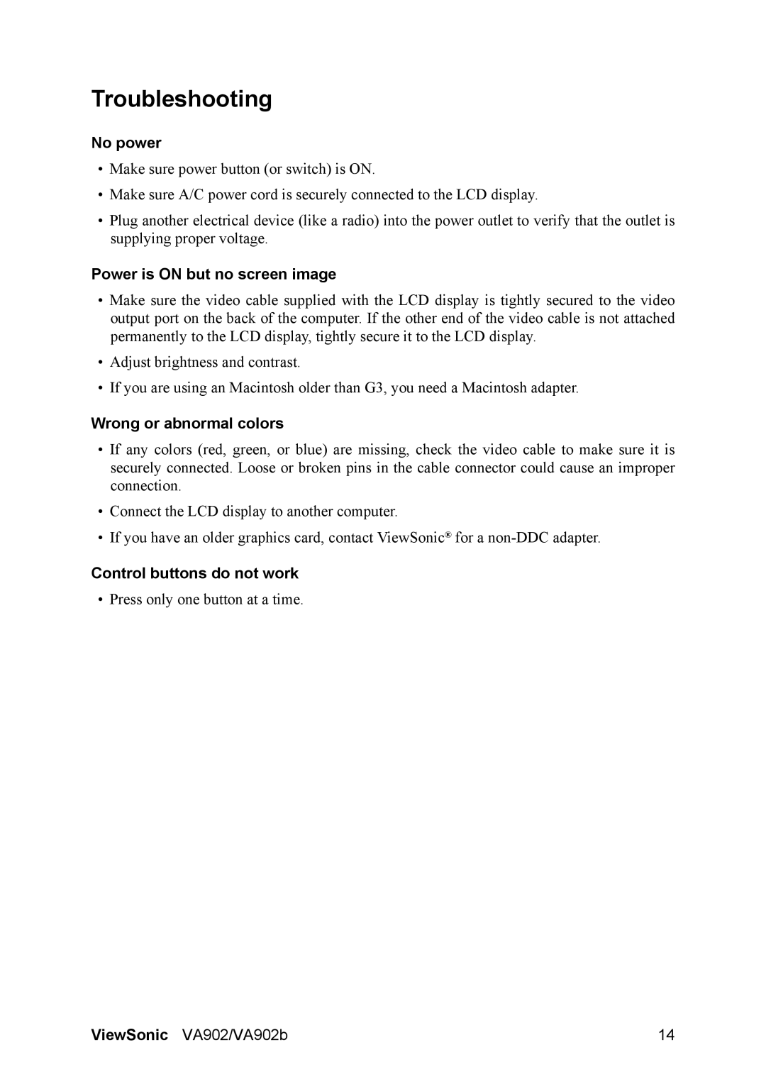 ViewSonic VA902 manual Troubleshooting, No power, Power is on but no screen image, Wrong or abnormal colors 