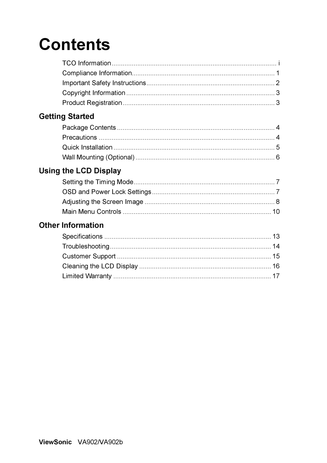 ViewSonic VA902 manual Contents 