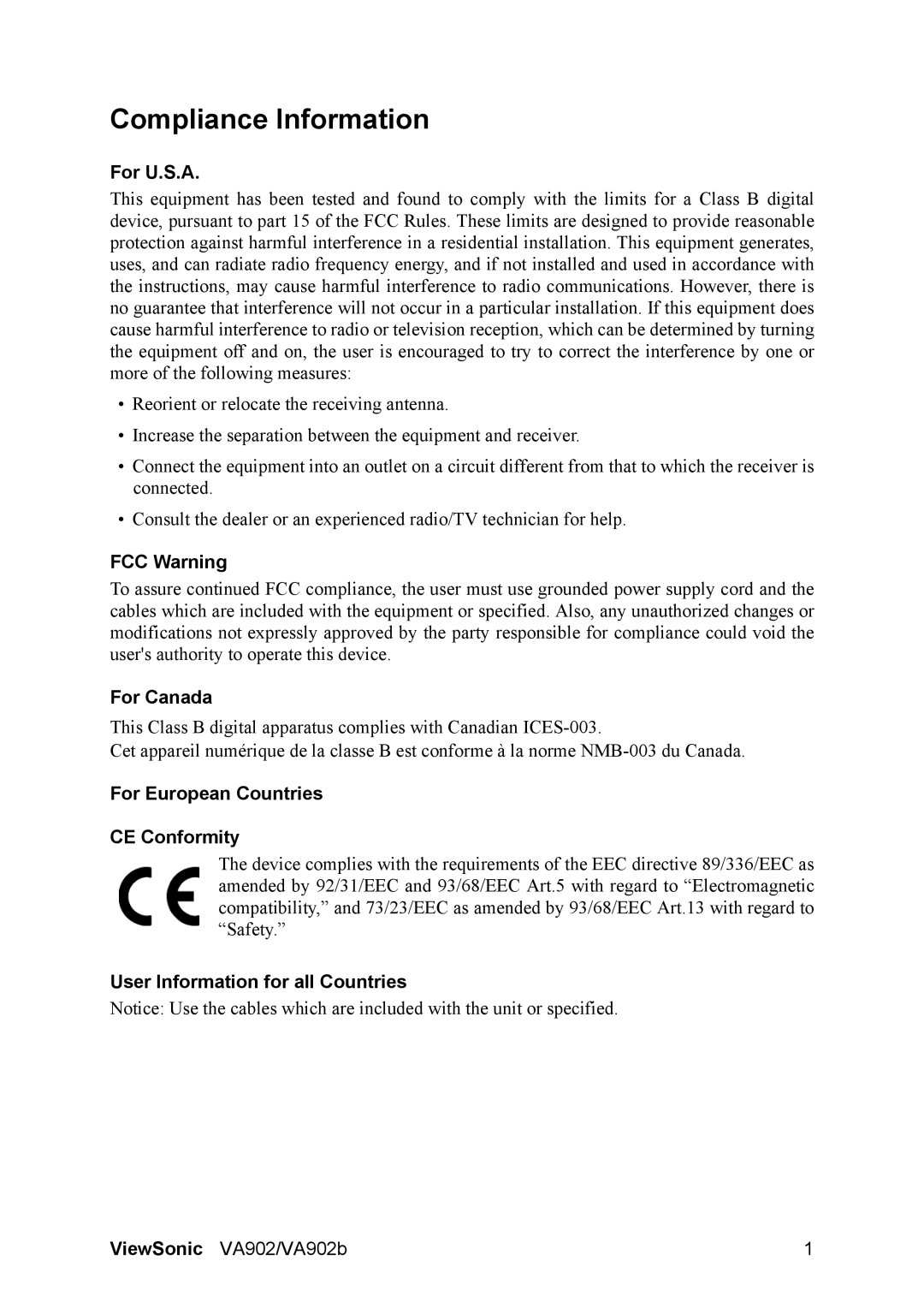 ViewSonic VA902 manual Compliance Information 