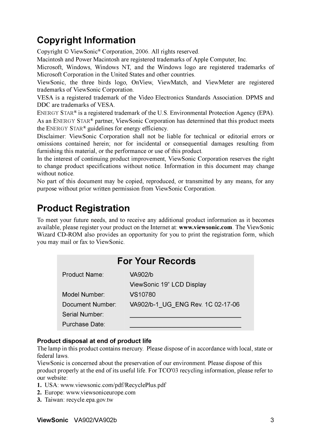 ViewSonic VA902 Copyright Information, Product Registration For Your Records, Product disposal at end of product life 