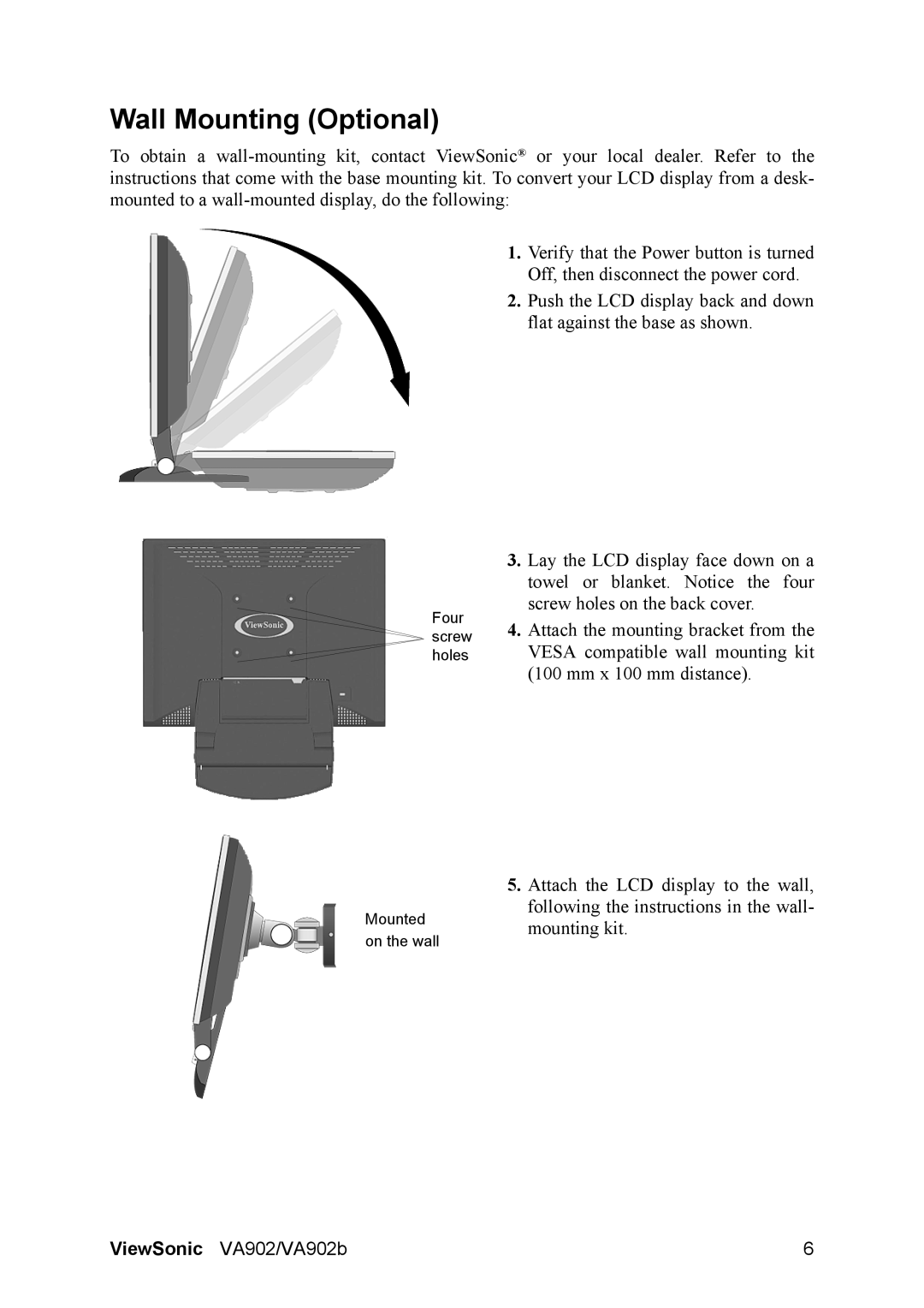 ViewSonic VA902 manual Wall Mounting Optional 