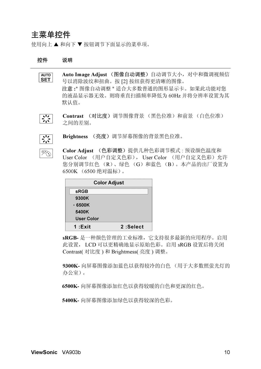 ViewSonic VA903B manual 主菜单控件, 控件 说明 