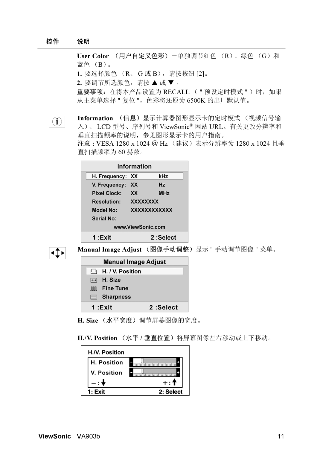 ViewSonic VA903B manual Manual Image Adjust （图像手动调整）显示 手动调节图像 菜单。 