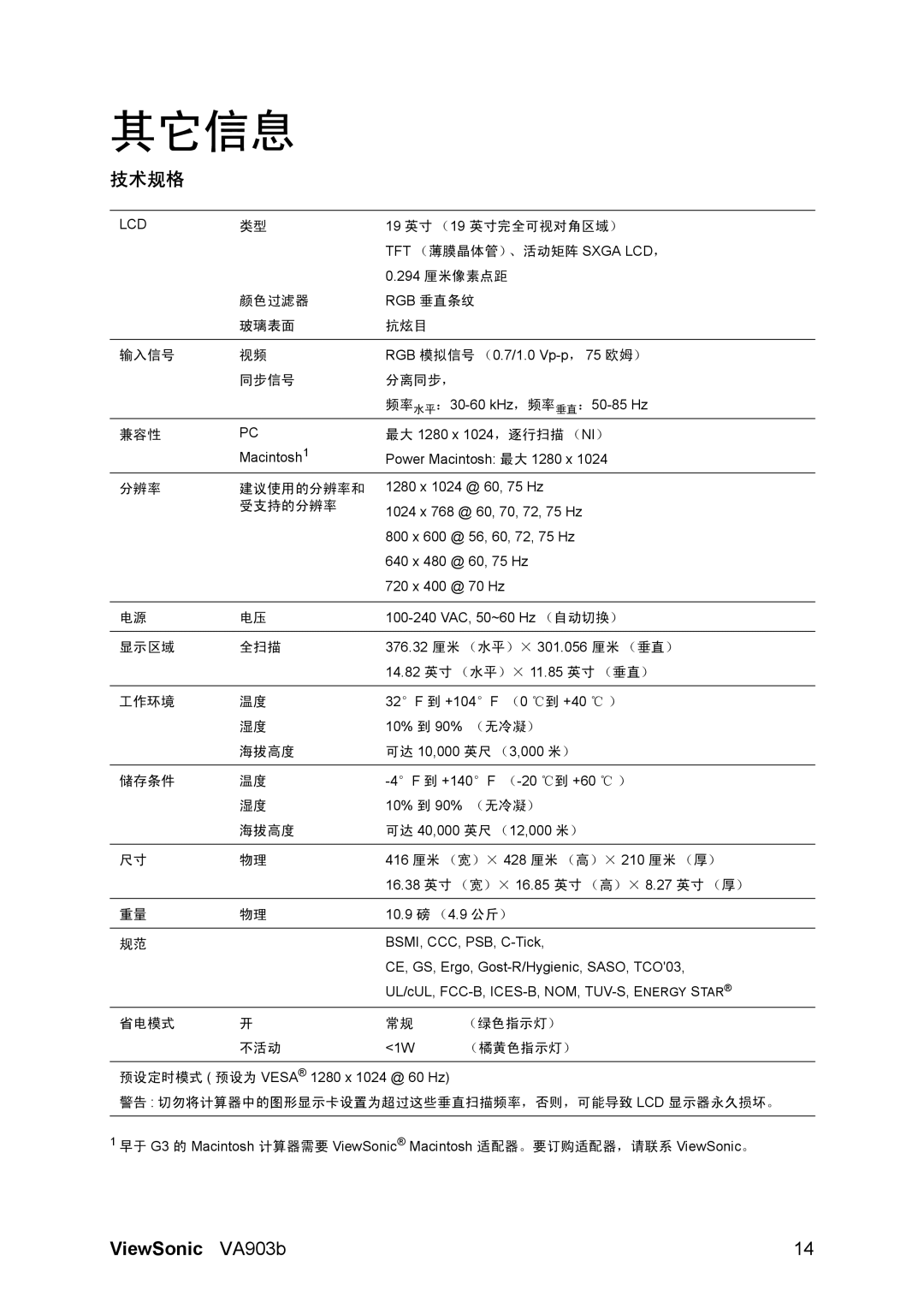 ViewSonic VA903B manual 其它信息, 技术规格 