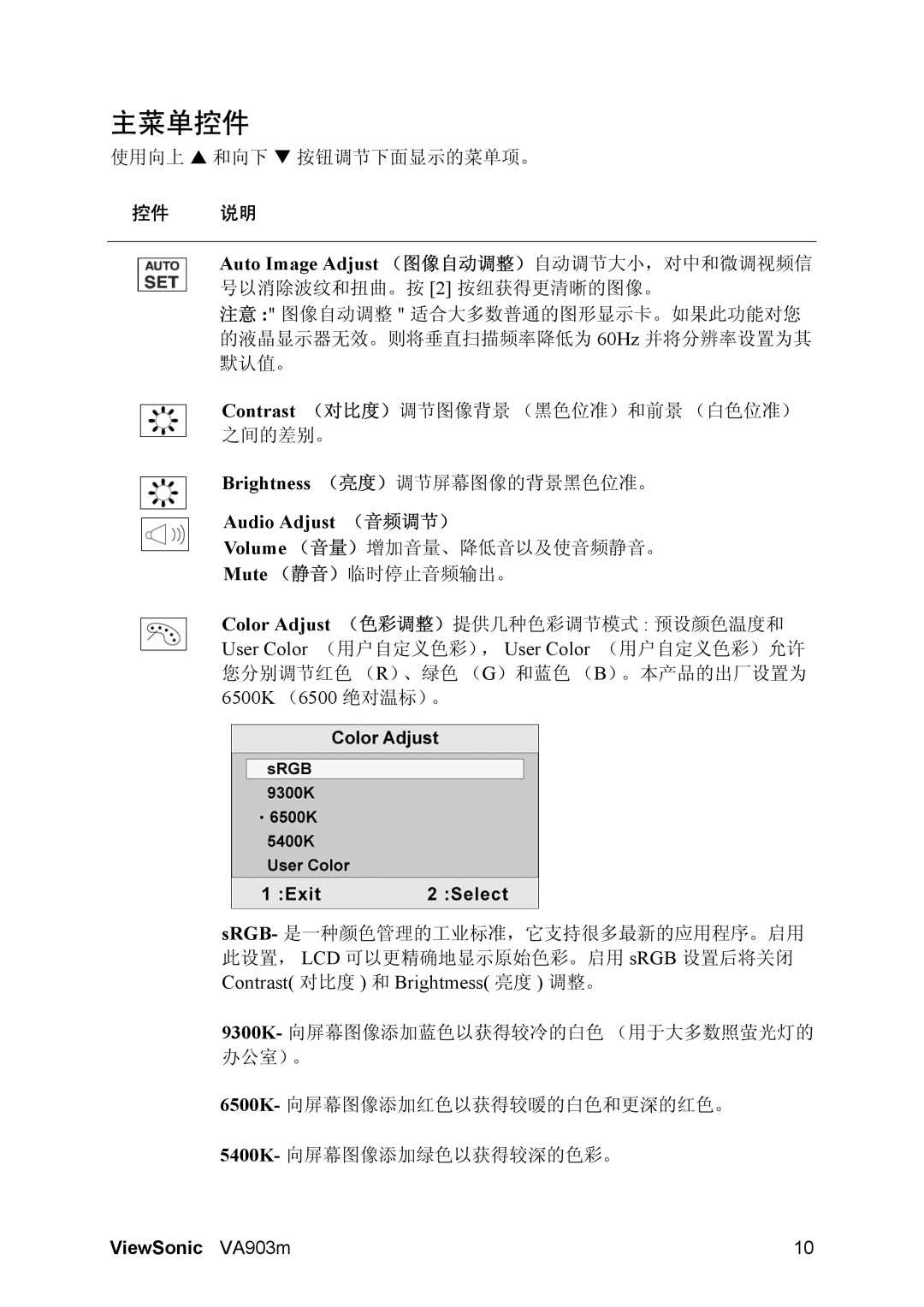 ViewSonic VA903M manual 主菜单控件, Audio Adjust （音频调节）, 控件 说明 