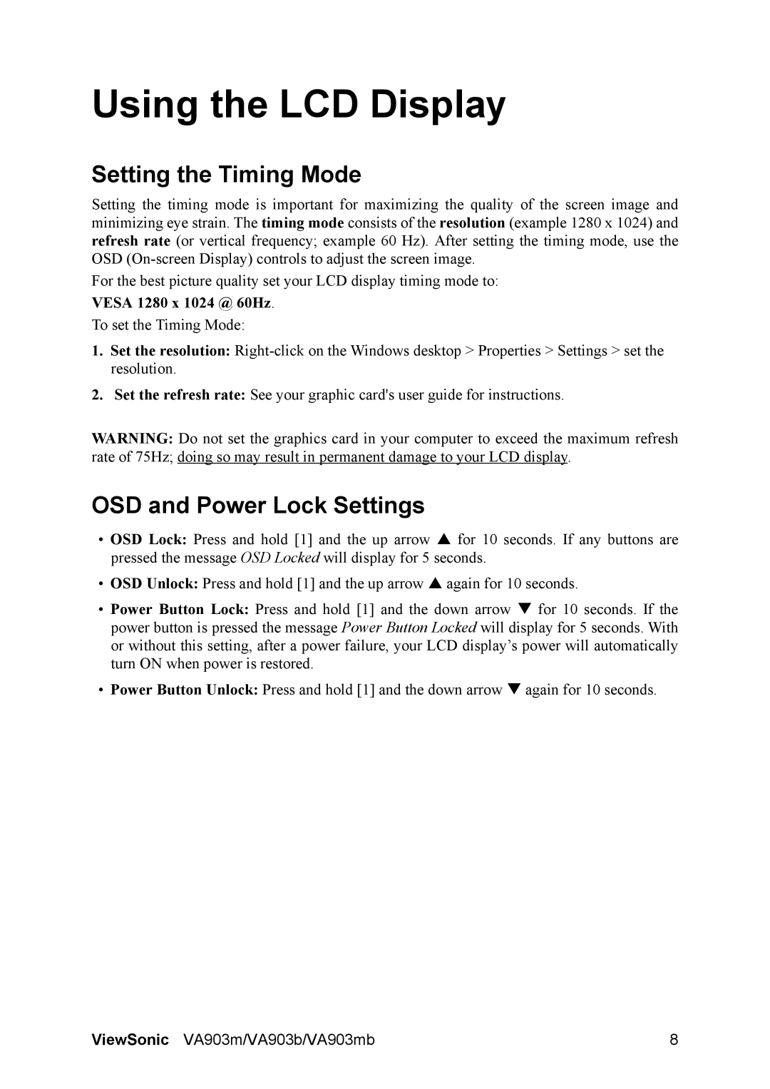 ViewSonic VS11282, VA903MB warranty Setting the Timing Mode, OSD and Power Lock Settings, Vesa 1280 x 1024 @ 60Hz 